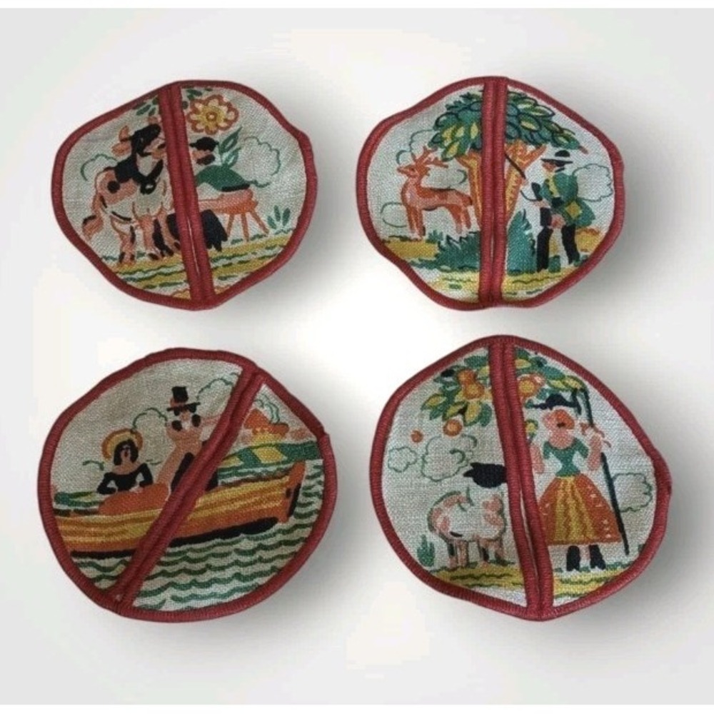 4 Tony Sarg Print Linens Coasters Wine Pocket Cow Lamb Deer Boat Hunter Set Vtg